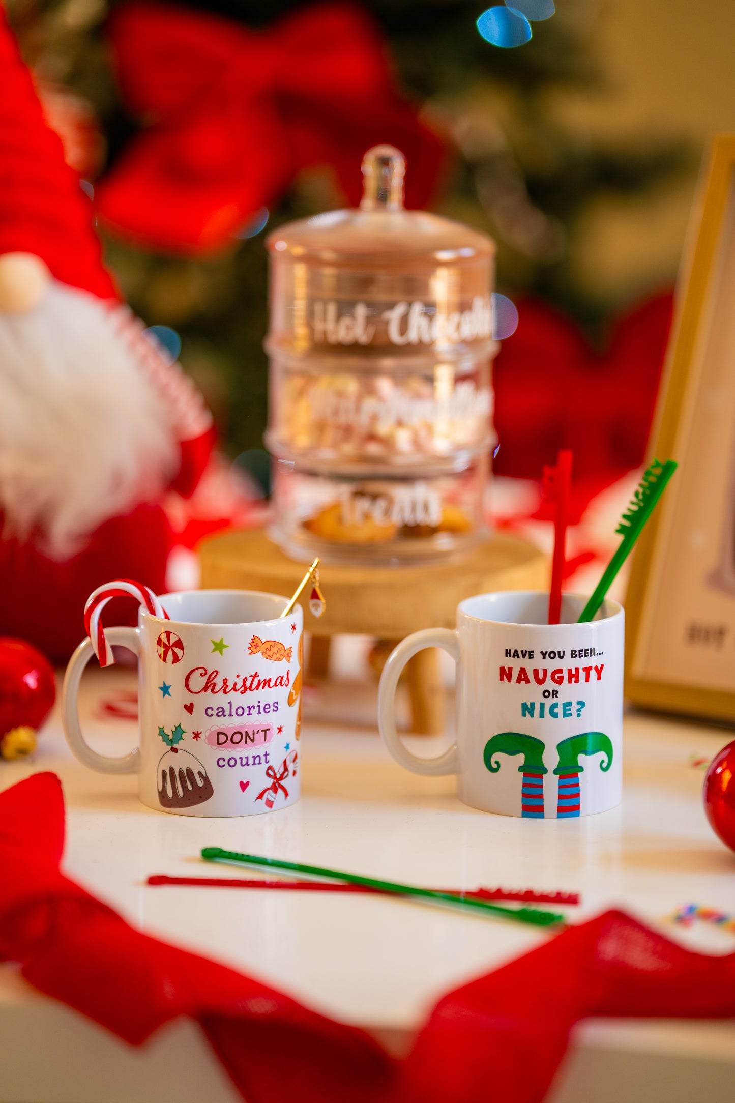 Naughty or Nice Elf Mug with naughty/nice stirrers