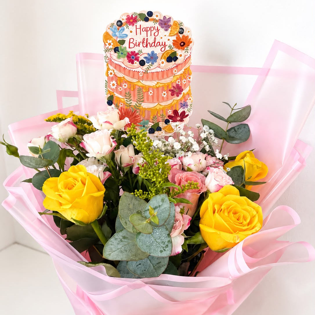 Birthday Flowers, Card & Macaron Gift Set