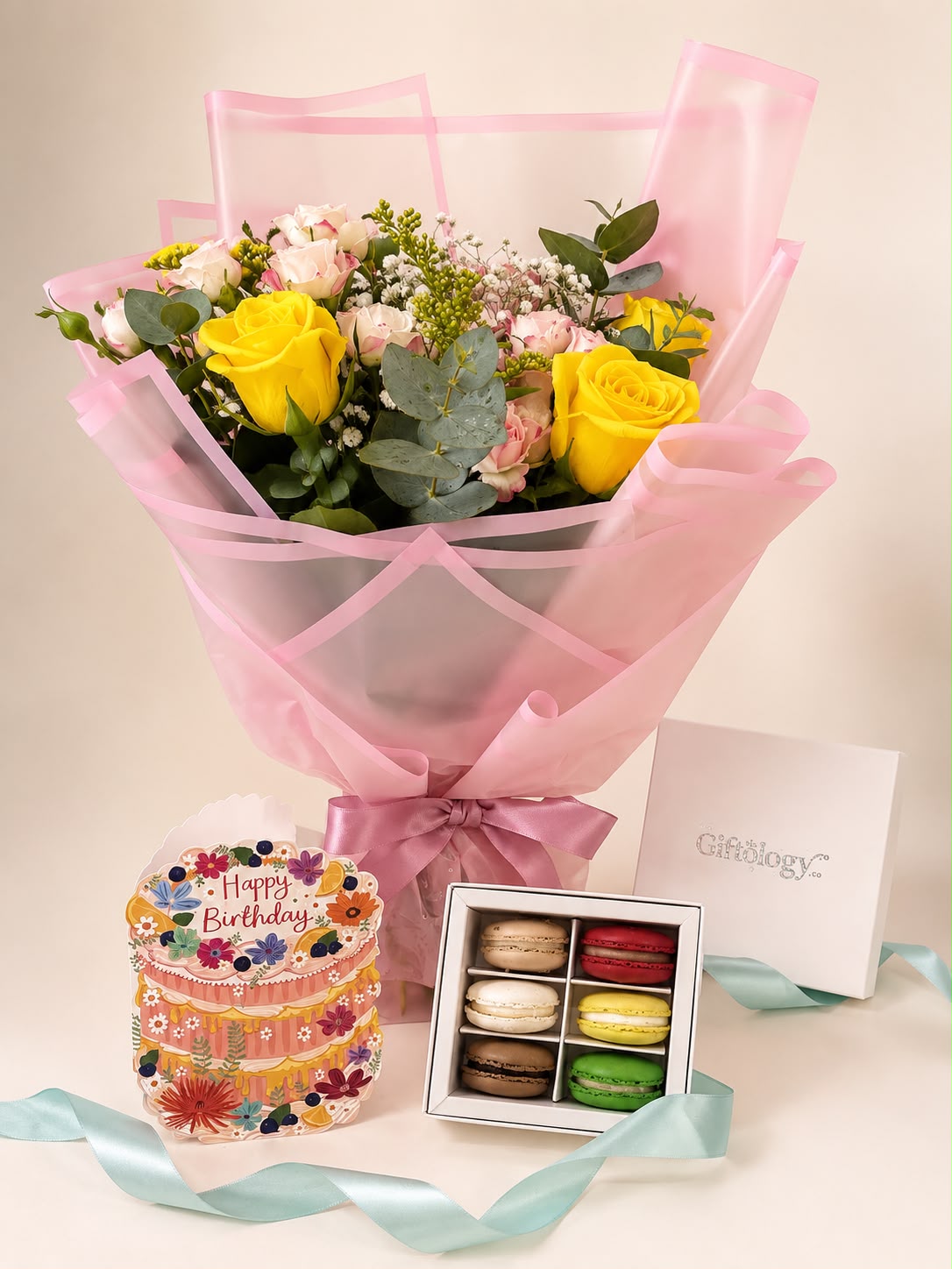 Birthday Flowers, Card & Macaron Gift Set