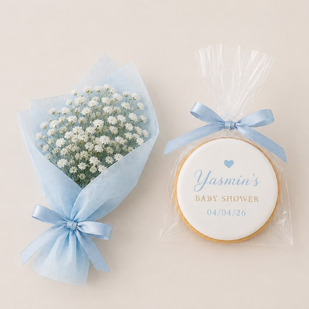 Personalised Baby Shower Cookie & Mini Gypsophila Bouquet Favour