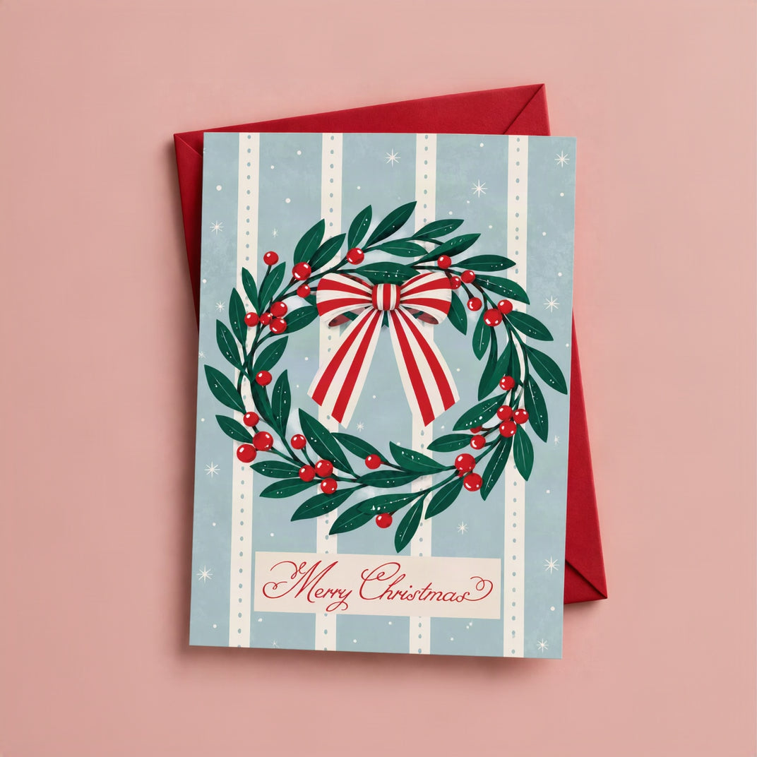 Merry Christmas Holly Wreath Greeting Card