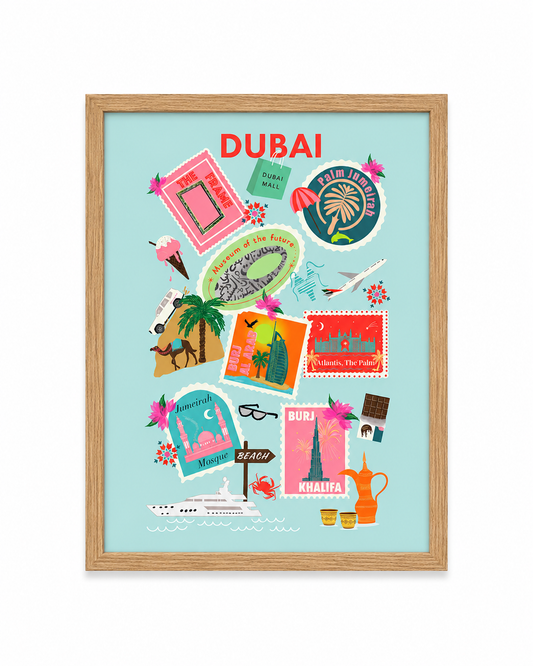 Dubai Landmarks Travel Stamp Framed Art Print