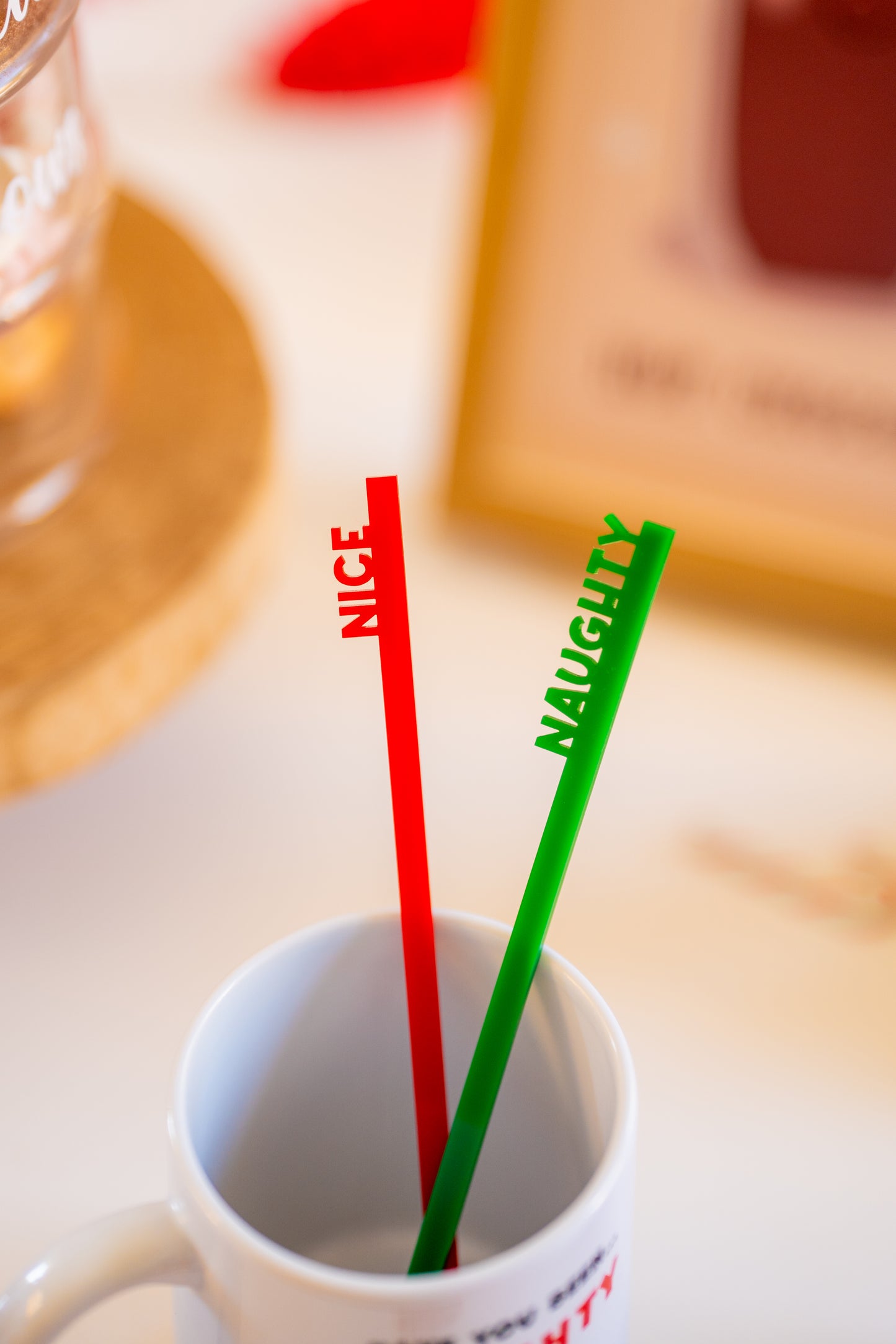 Naughty or Nice Elf Mug with naughty/nice stirrers