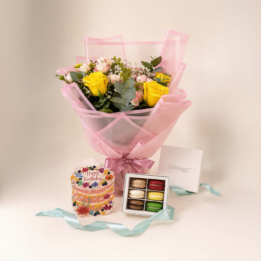Birthday Flowers, Card & Macaron Gift Set