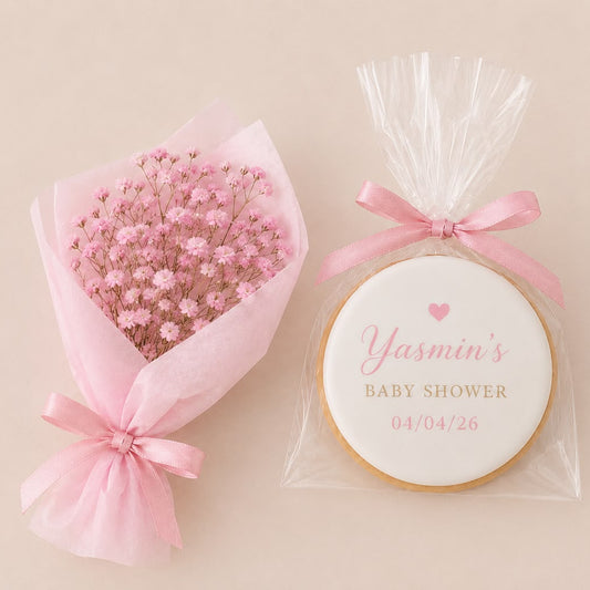 Personalised Baby Shower Cookie & Mini Gypsophila Bouquet Favour