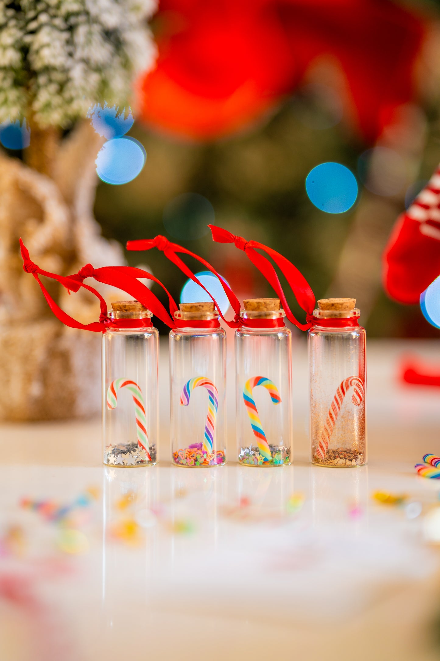 Set of 4 Handmade Candy Cane Glass Bottle Tree Decorations